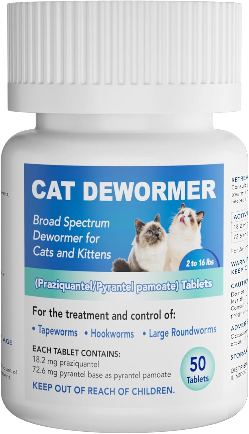 Cat Dewormer All Worms Broad Spectrum, USP Praziquantel & Pyrantel Pamoate Tablet for Tapeworms, Roundworms & Hookworms - 50 Tablets