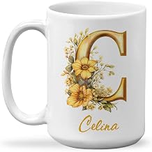 Customized Pretty Floral Letter C White Coffee Cup 11Oz Or 15Oz - Unique Custom Name Ceramic Mugs Presents - Monogrammed Gift for Women, Men - Novelty Golden Letter C Coffee Mug