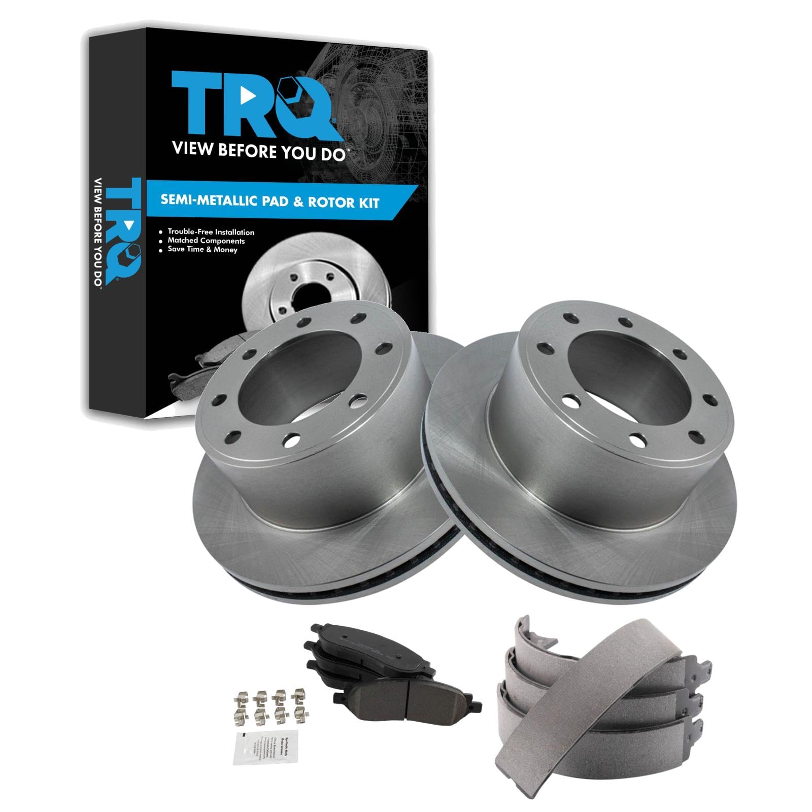 TRQ Rear Brake Pad &amp; Rotor Kit Parking Brake Shoe Set Semi-Metallic Compatible with 2005-2007 Ford F-250 Super Duty F-350 Super Duty