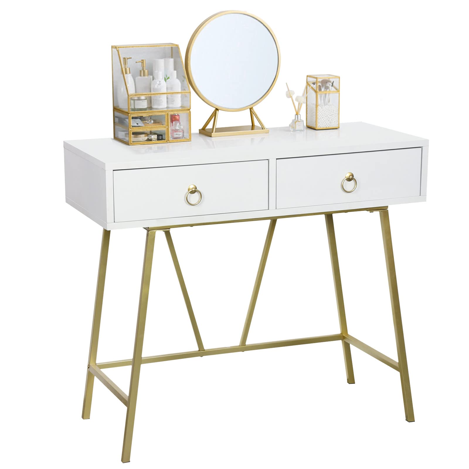 Anmytek Modern Home Office Desk, 35.4 Inch Makeup Vanity Table White Study Desk 2 Drawers Writing Desk Computer Desk with Golden Legs, D0002