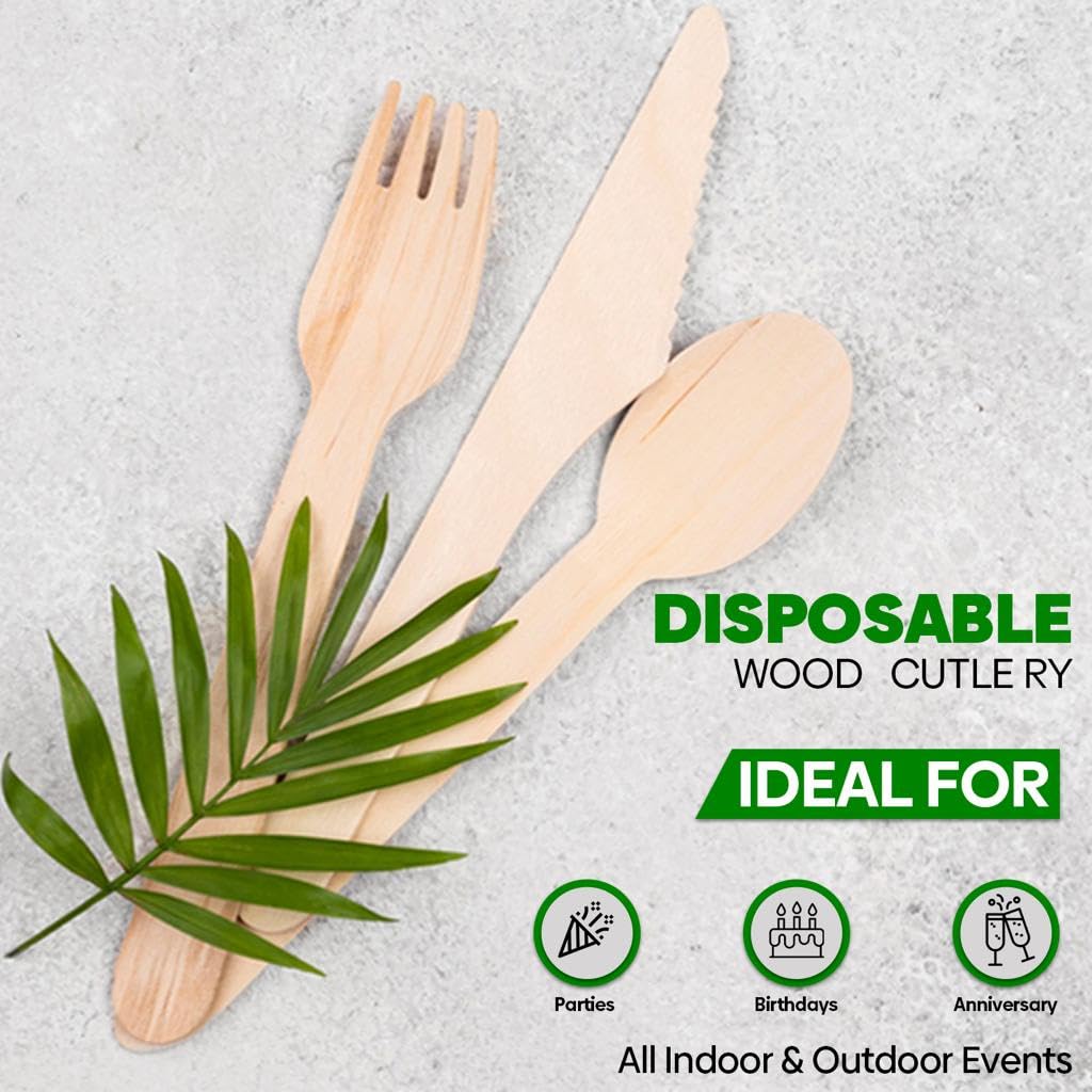 Set di posate usa e getta in legno, 150 pezzi, ecologiche, biodegradabili, ecologiche, ideali per matrimoni, picnic, feste, ufficio, set di posate usa e getta da 50 forchette, cucchiai, coltello