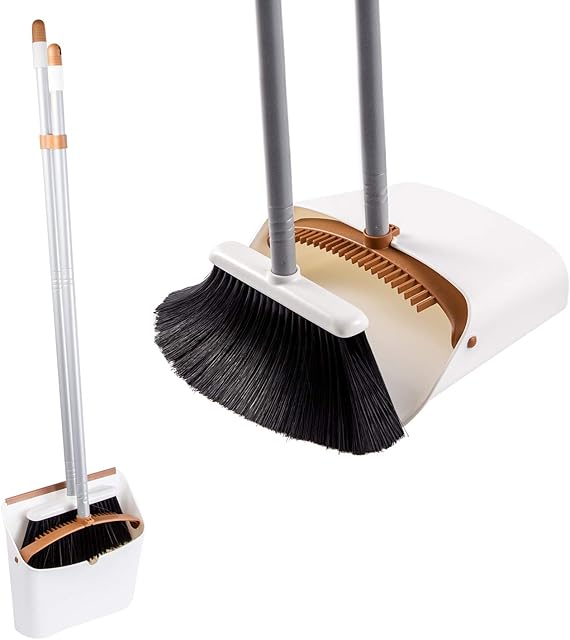 Jekayla Long Handled Dustpan and Brush, Broom and Dustpan Set, Household Dust pan Combo with 54 Inch Handle for Indoor Outdoor Household Cleaning and Sweeping (Brown-White)