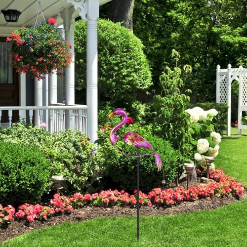 hogardeck Garden Decor for Outside, 47\" Metal Flamingos Decorative Garden Stakes Balancing Rocker for Yard Art, Outdoor Heavy-Duty Wind Sculpture Shaking Ornament for Lawn Patio Porch Decorations