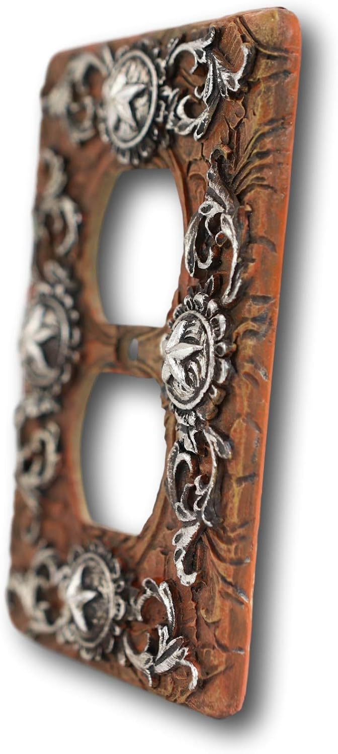 Ebros Set of 2 Novelty Rustic Country Western Stars And Lace Scroll In Faux Tooled Leather Finish Resin Wall Electrical Cover Plates (Double Receptacle Outlet)