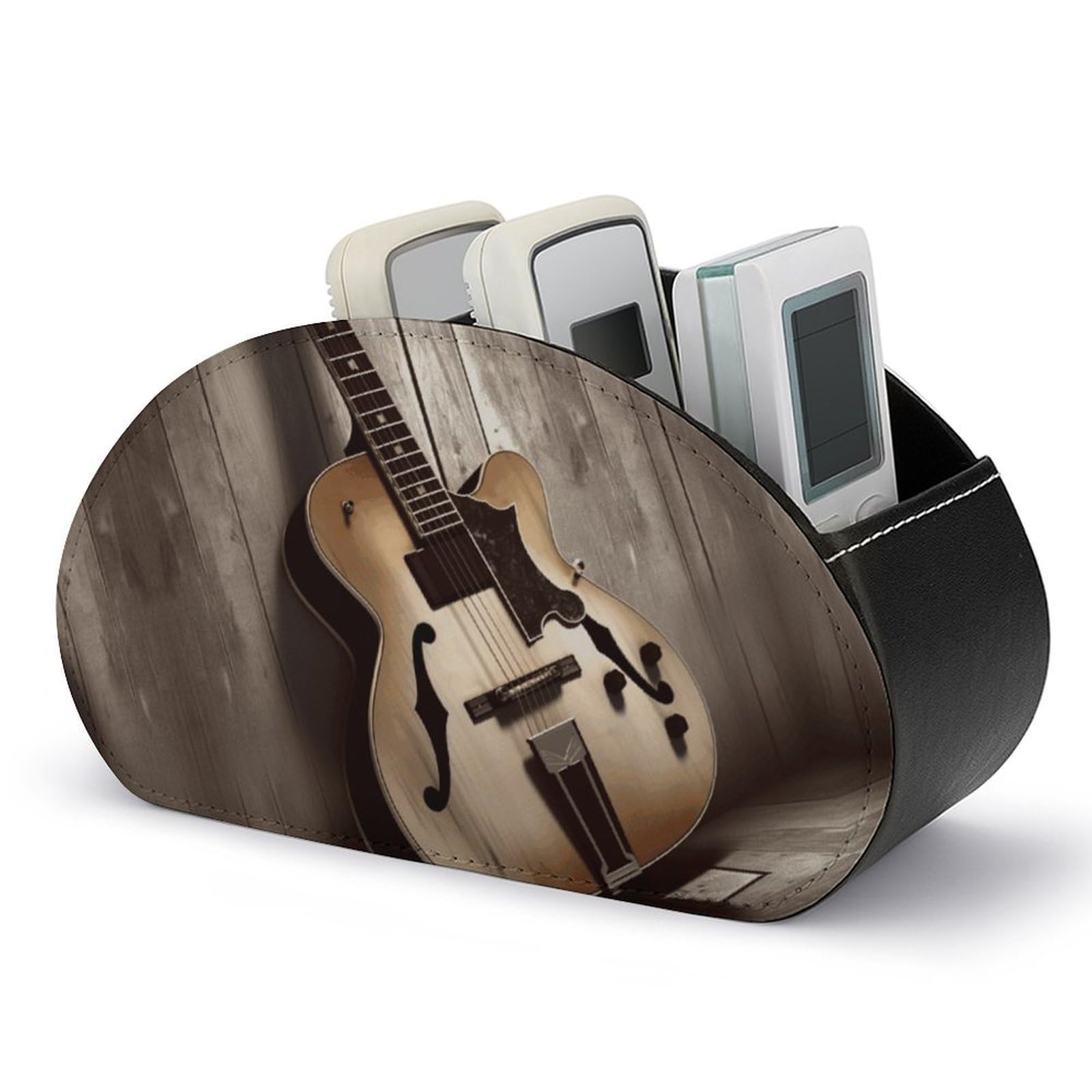 VstaDank Guitar Pictures Remote Control Holder with 5 Compartments PU Leather Remote Caddy Desktop Organizer Store TV Remote Control Storage Box for Home Office Desk Nightstand
