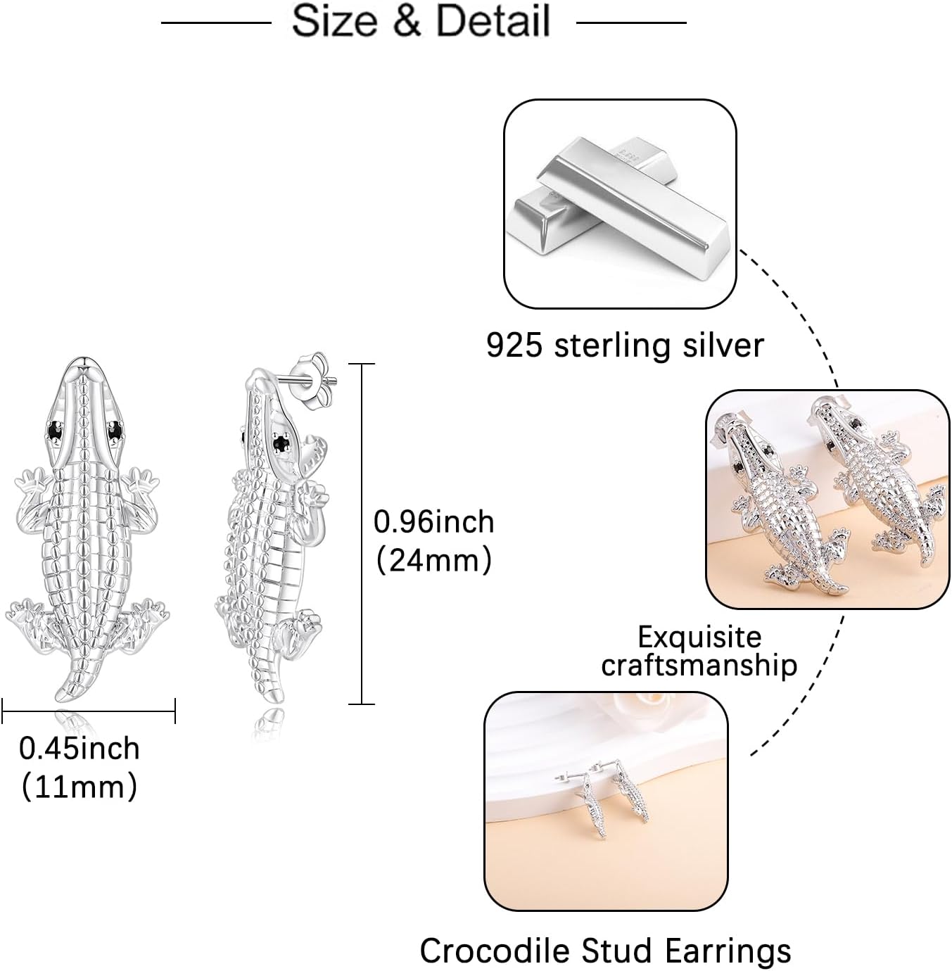 Alligator Stud Earrings for Women - Silver Hypoallergenic CZ Animal Bite Earring Jewelry Gifts