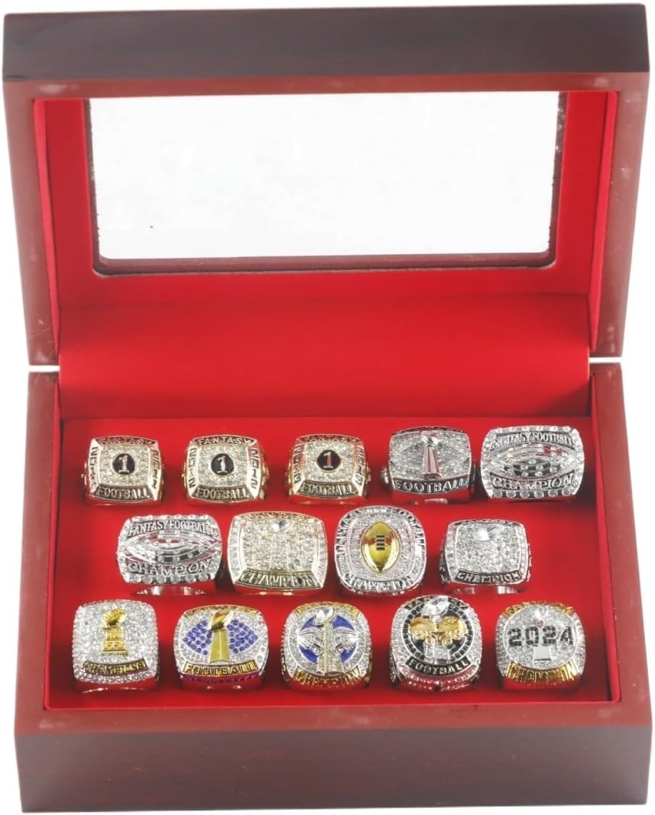 14PCS Fantasy Football Rings 2011 to 2024 Championship Rings Collection Trophy Gift Box Ring Display Box