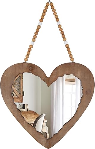 Espejo de corazón con cadena de cuentas para decoración de pared, espejo colgante en forma de corazón de madera, hermoso espejo decorativo rústico