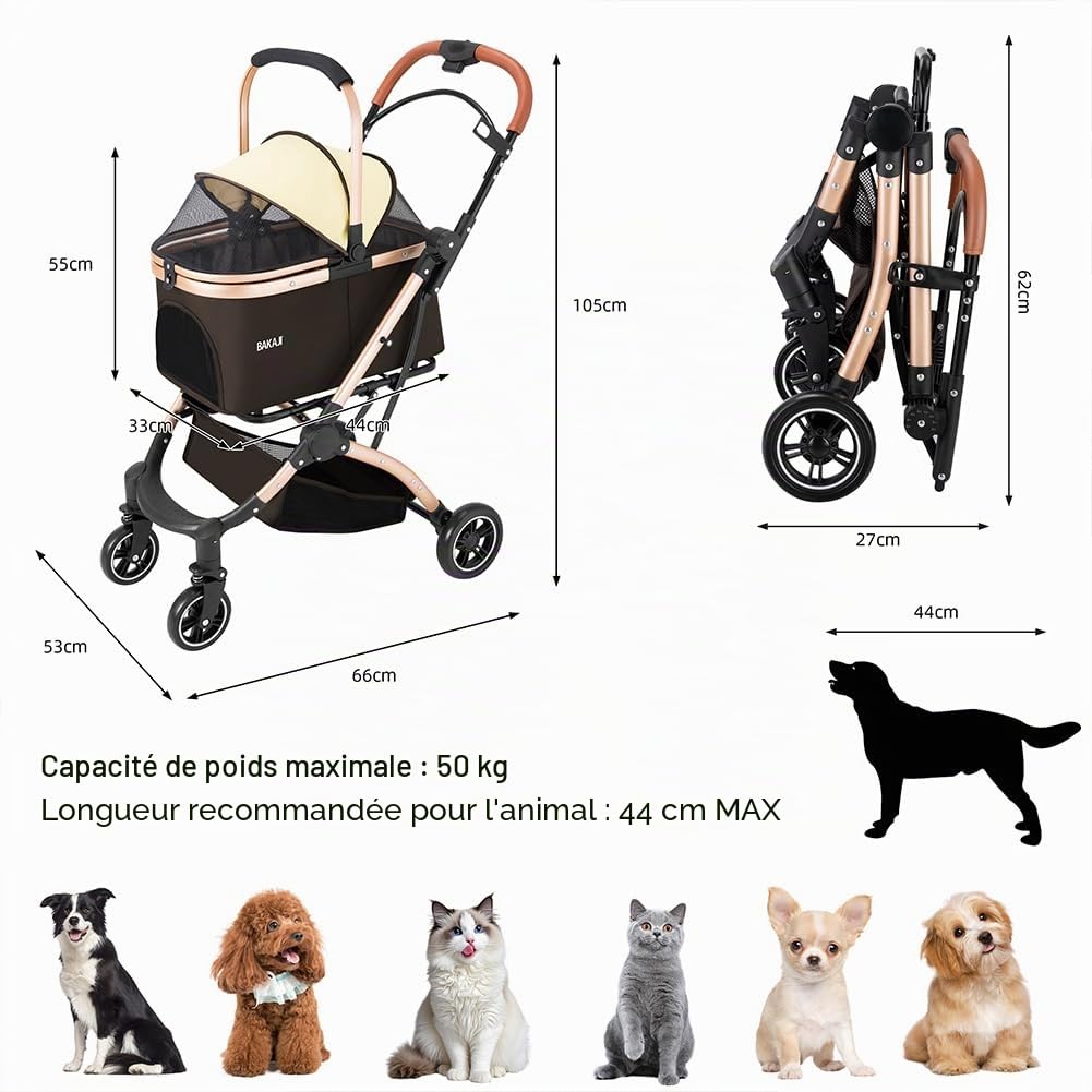 BAKAJI Poussette pour chiens et chats 2 en 1 avec nacelle amovible et fermeture peu encombrante, poussette pour animaux domestiques avec capsule de transport amovible et toit ouvert, poids max. 50 kg