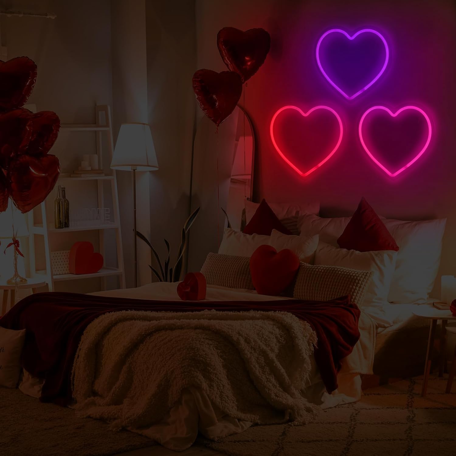 ROCEEI 3 Pcs Heart Neon Sign Valentine's Day Decoration Love Heart LED Light up Sign USB Powered Camping light Wall Window Decor for Valentine's Day Wedding Anniversary Bedroom Classroom