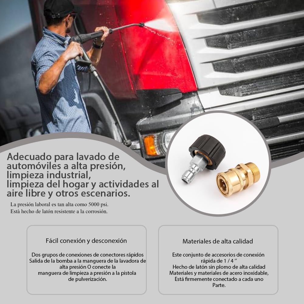 Kit de Adaptadores de Lavadora a Presión M22 14 mm, Acoplamiento Rápido de Latón de 1/4", Acopladores para Limpiadoras a Presión, M22 a 1/4 '', Conector Rápido Alta Presion, 5000PSI