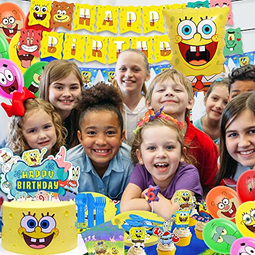 190Pcs Yellow Cartoon Party Decorations For 16 Guests, Birthday Decorations Include Happy Birthday Banners, Cake&Cupcake Toppers, Tablecover, Napkins, Pennant Banners, Forks, Spoons, Knives, Plates, Stickers, Foil Balloons Party Supplies Party Favors #TOP6