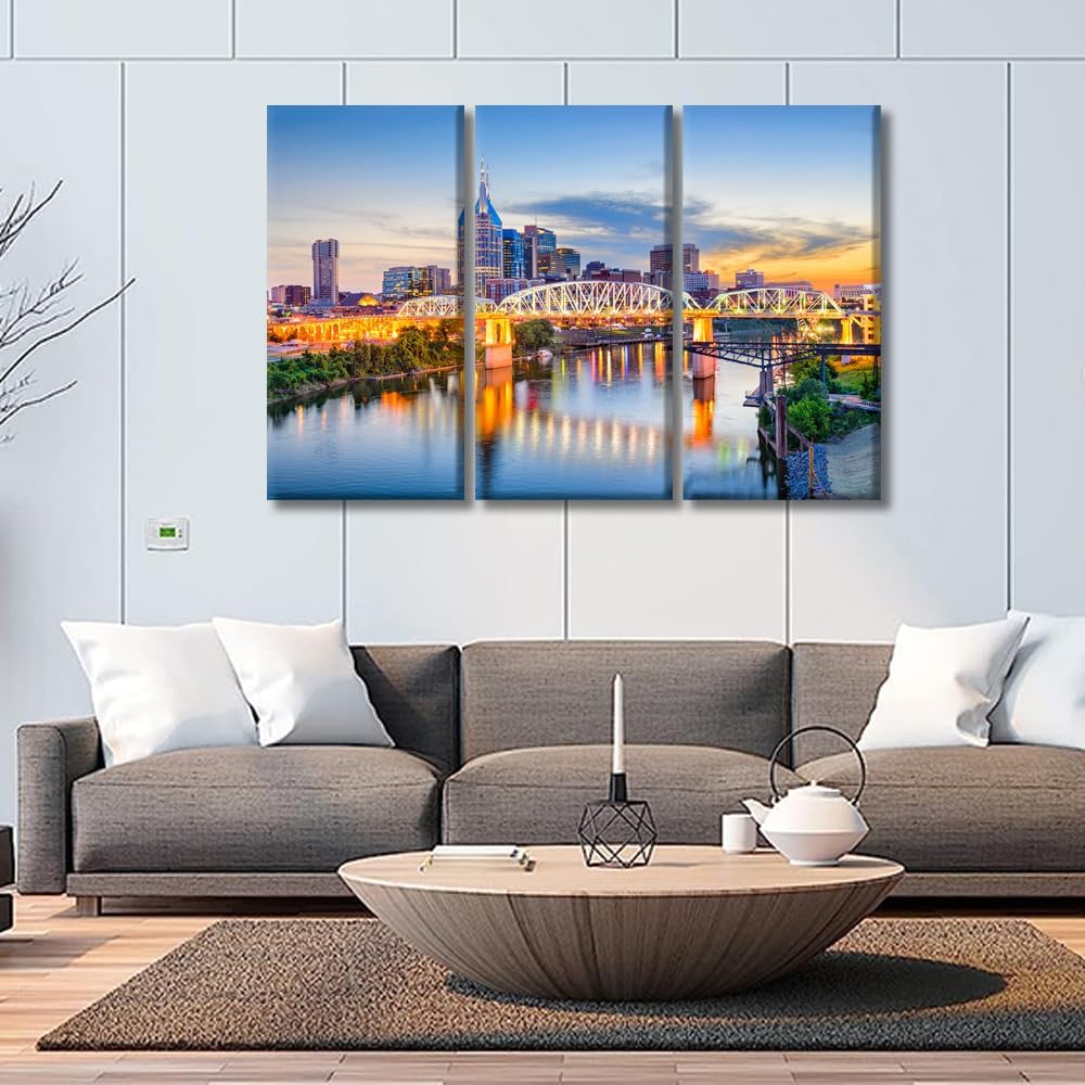 Nashville Skyline Canvas Wall Art Tennessee Cityscape Posters Prints on Canvas Nashville City Downtown Panorama Wall Painting Artwork Cumberland River Home Decor Framed Ready to Hang 20X40X3 INCH