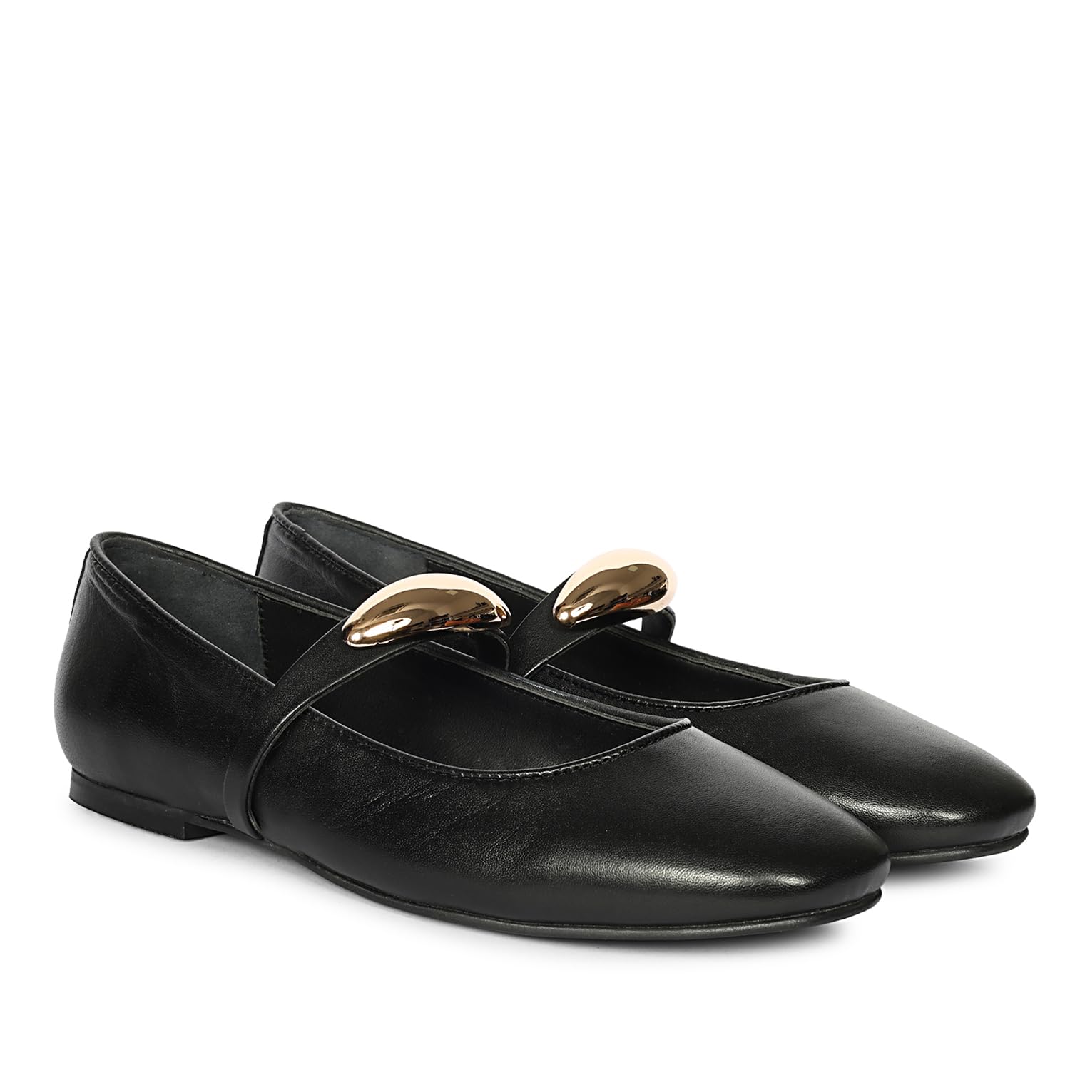 Black Leather Ballerina Flats, Mary Jane Style with Gold-Tone Metal Embellishment-image-25