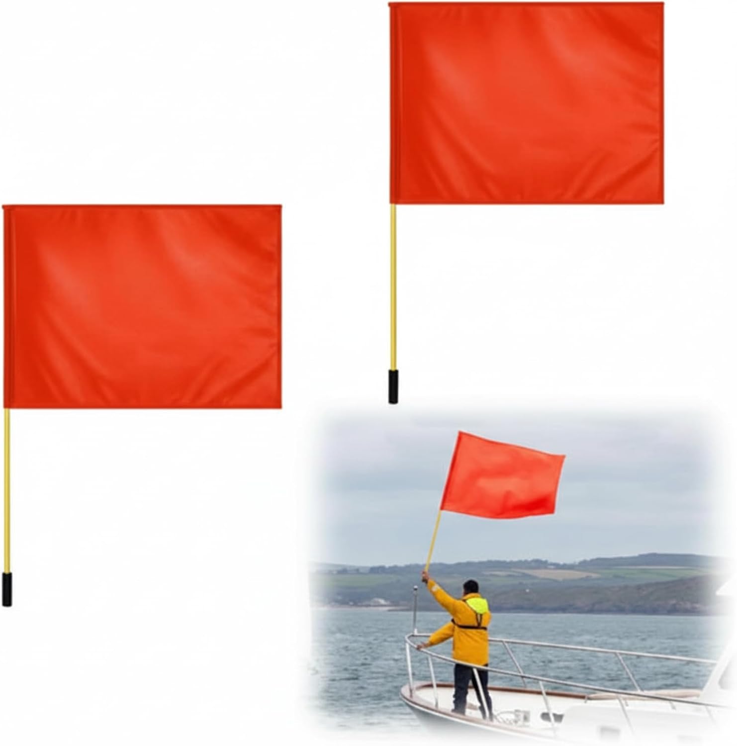 2 Pcs Extra Large Orange Boat Flag with 46 in Pole, 30" x 23" Giant Safety Ski for High Visibility Boat Water Skier Down with Foldable Flagpole Handle for Floating Kayak Wakeboarding