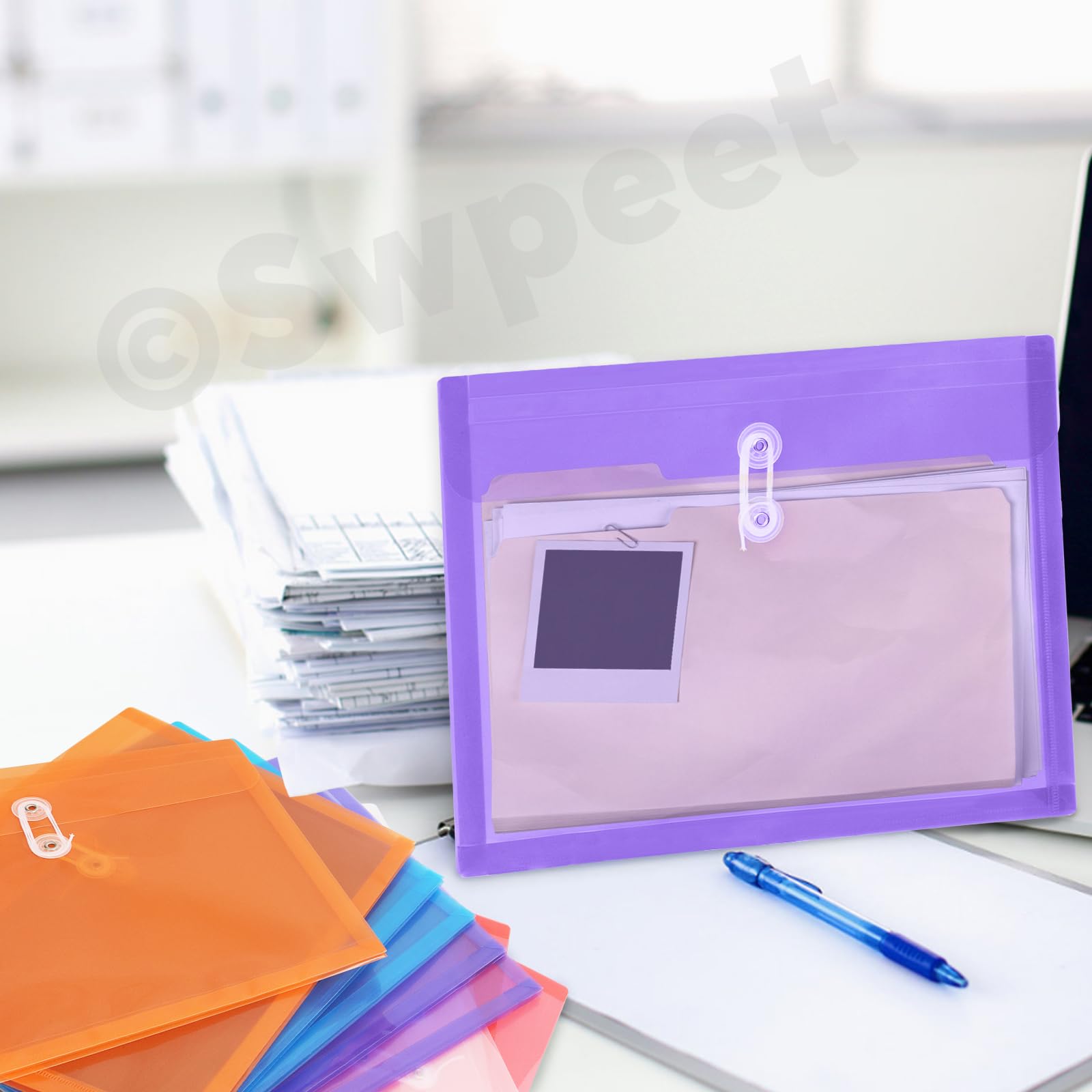 Swpeet 10 sobres de plástico de tamaño legal de 12.8 x 9.8 pulgadas con cierre de botón y cuerda, carpetas de archivos de plástico, organizador de documentos de papel, ideal para