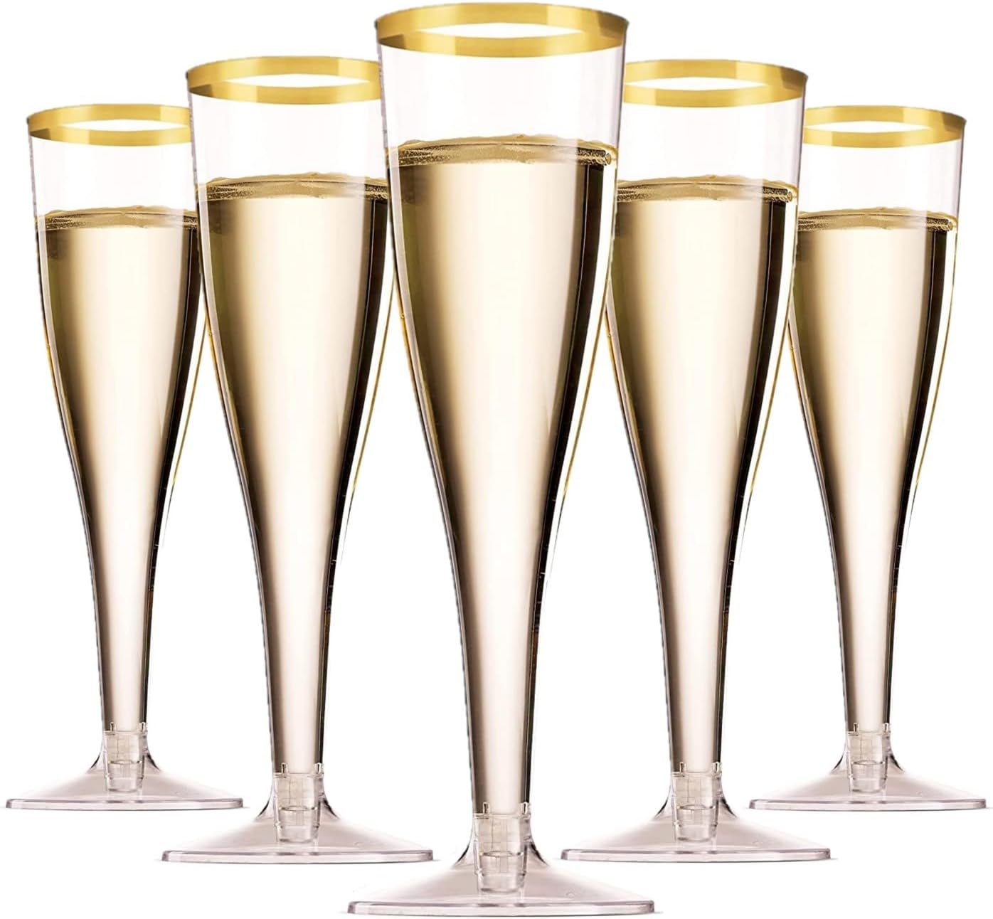 LATERN 50Pcs Gold Rimmed Champagne Flutes, 150ml Plastic Champagne Glasses Reusable Stemmed Party Wine Cups for Garden Wedding Anniversary Shower Parties (5 x 17cm)