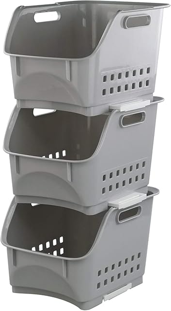 Xowine Set of 3 Kitchen Storage Plastic Stackable Storage Baskets, Gray Stacking Basket