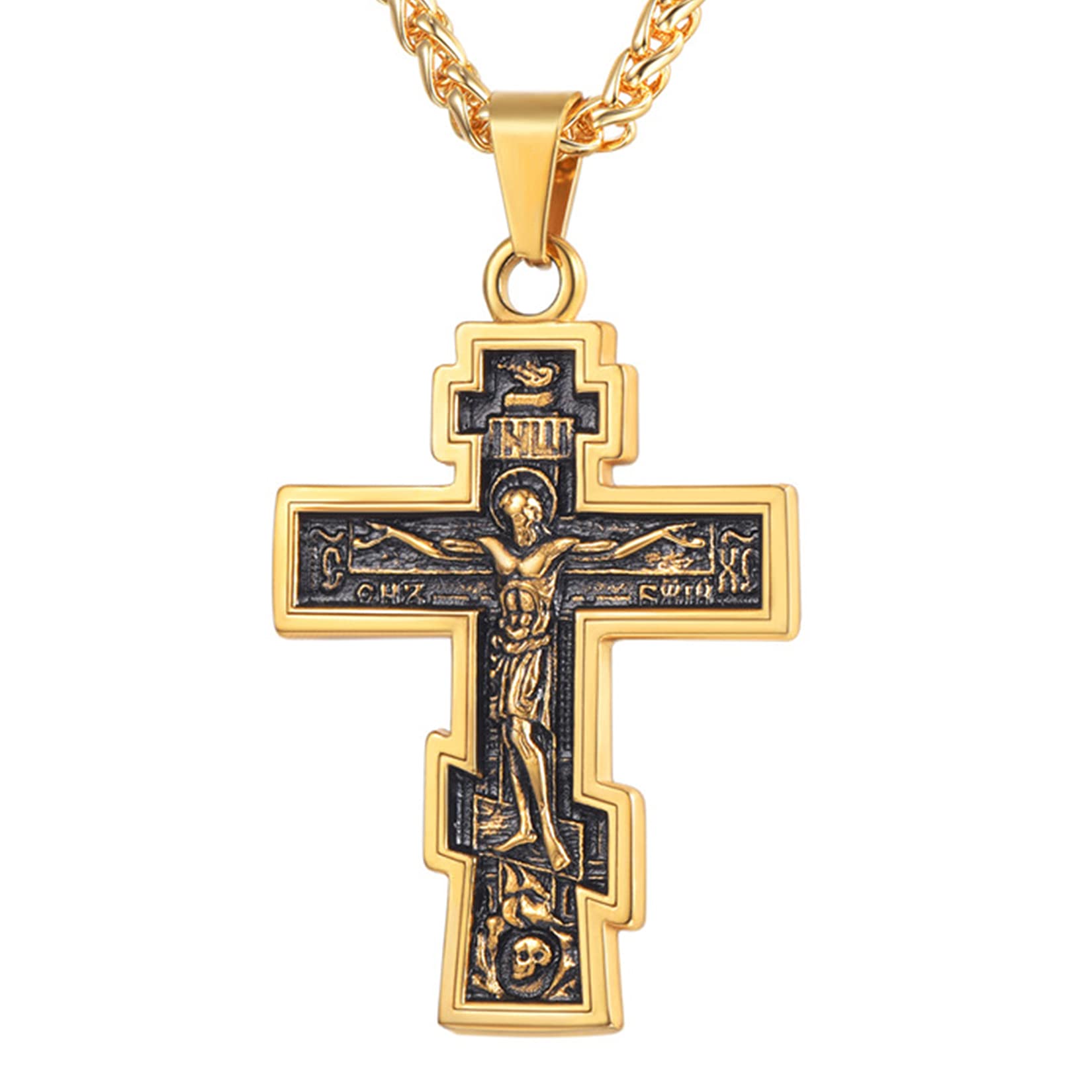 U7 Russian Orthodox Cross Pendant/Praying Hands/Ichthys Sign for Men Women Stainless Steel 18K Gold Plated Jesus Pendant Christian Religious Necklaces, Length 22" Silver Black Gold