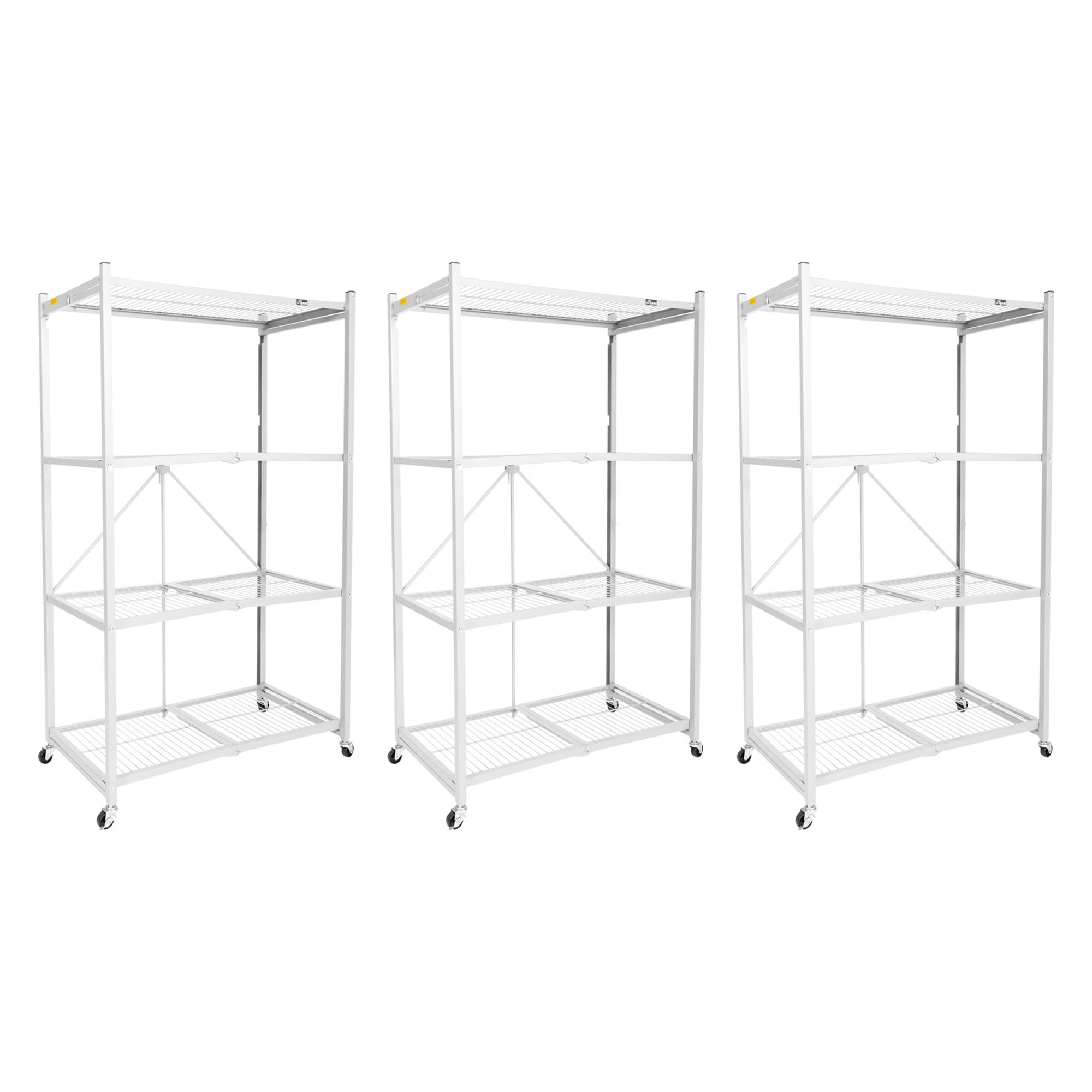Origami 3-Pack R5 Storage Rack, 4-Tier Heavy-Duty Foldable Steel Shelf with Wheels, White