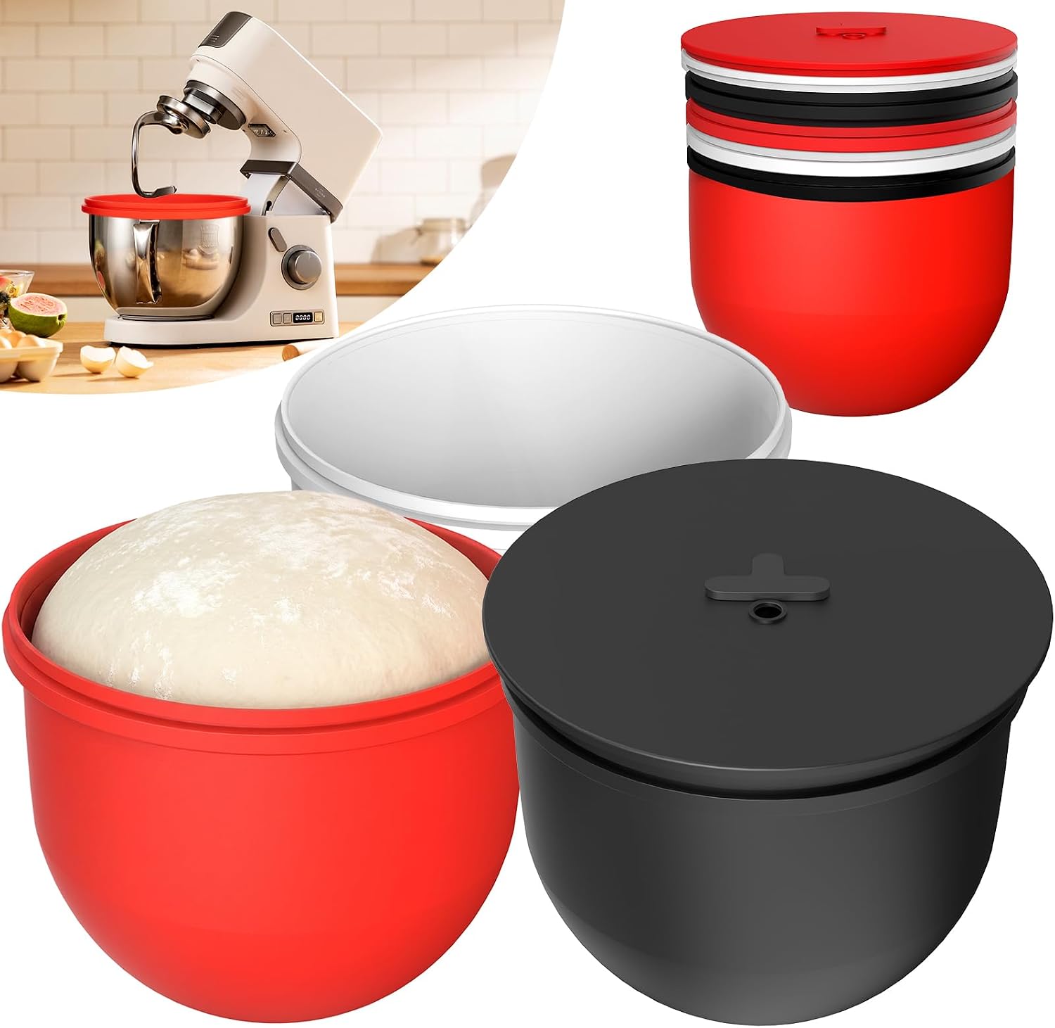 7 QT Silicone Bowl Liners for KitchenAid Mixers (3-Piece Set) - Adjustable Fermentation Hole Lid