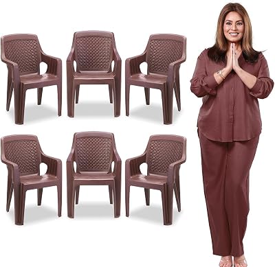 Plastic Chair Set, Chair for Living Room, Home, Plastic Chair for Home with Arm Rest/Modern Stylish Design with Glossy & Matte Finish Bearing Capacity 200Kg. (Brown, Pack of 6)