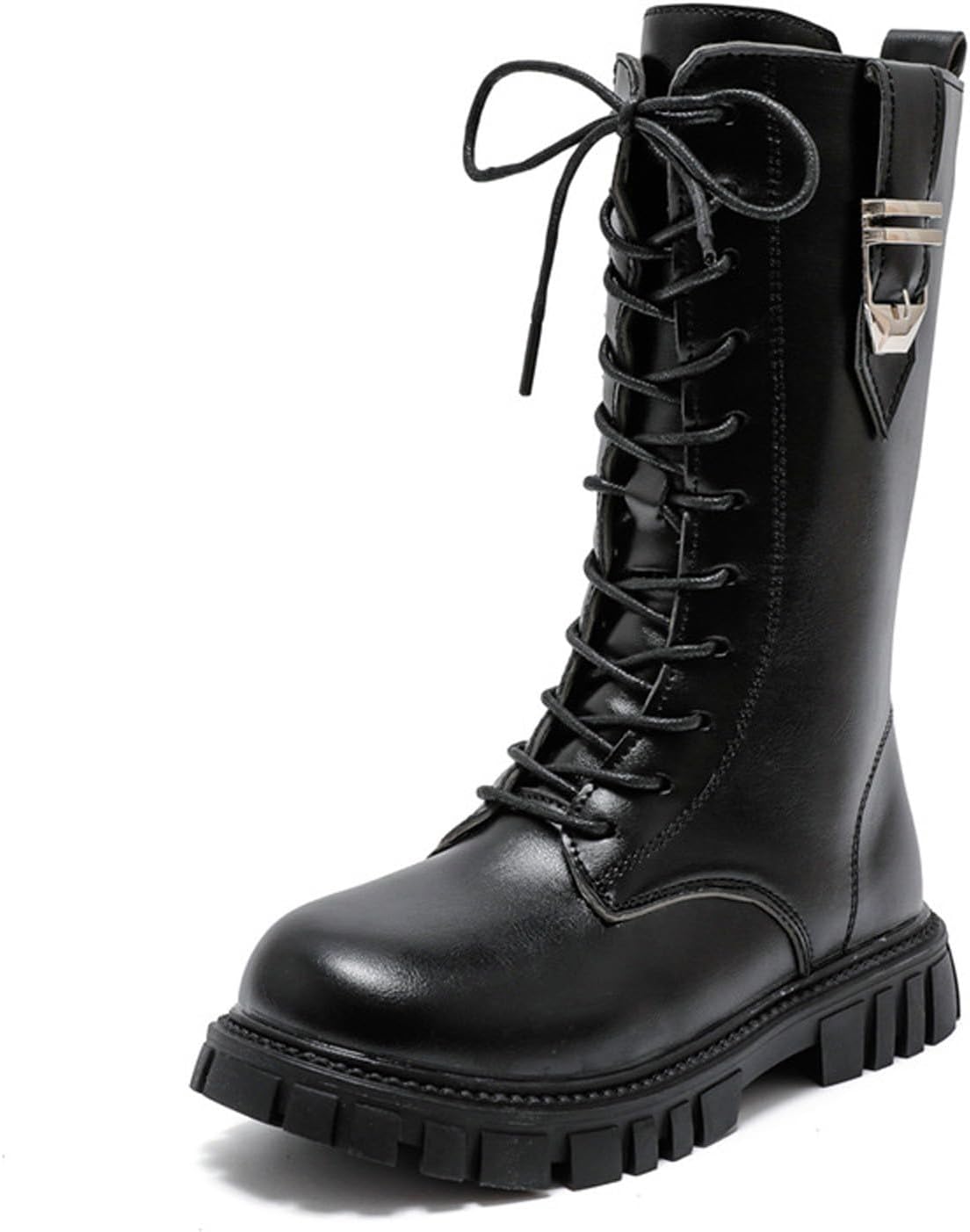 Ctreela Girls Pu Knee High Riding Combat Boots Gothic Punk Low Heel Tall Boots Big Kids Chunky Platform Mid Calf Booties