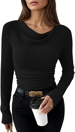 Pink Queen Long Sleeve Shirts for Women Cowl Neck Ruched Going Out Tops | Soft Stretchy Ribbed Knit,Slim Fit,Business Casual Blouse,2026 Early Fall Fashion Clothes,Winter Layer