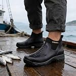 Men's Waterproof Rubber Rain Boots — Neoprene Slip-On Ankle Deck Boots for Garden, Yard, Farm & Fishing, Breathable Mesh Lining, Dual Removable Insoles for Wide Fit, Non-Slip Sole