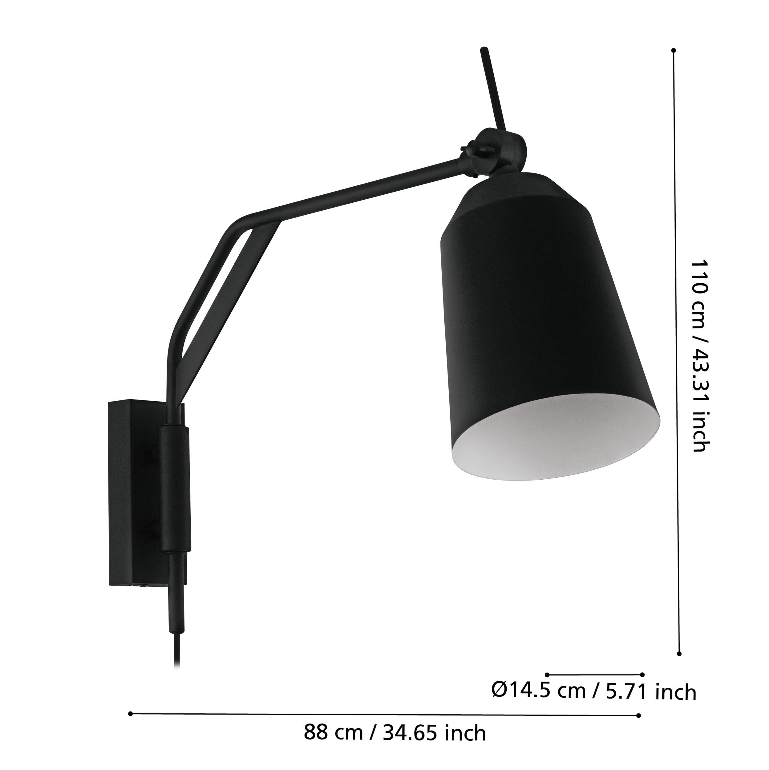 Eglo lampada da parete Loreto, luce per interni con interruttore | e spina, applique con braccio orientabile, illuminazione da ingresso in metallo in bianco e nero, attacco lampadina E27