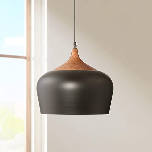 Possini Euro Design Felton - Mini lámpara colgante negra de 12 pulgadas de ancho con detalle de madera rústica para comedor, sala de estar, hogar,