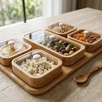 Deconox 6 Parça Bambu Kahvaltılık Seti - Şeffaf Akrilik Kapaklı Kırılmaz Çerezlik, Reçellik ve Kahvaltı Sunum Tabağı (32.5 x 22 x 4 cm)