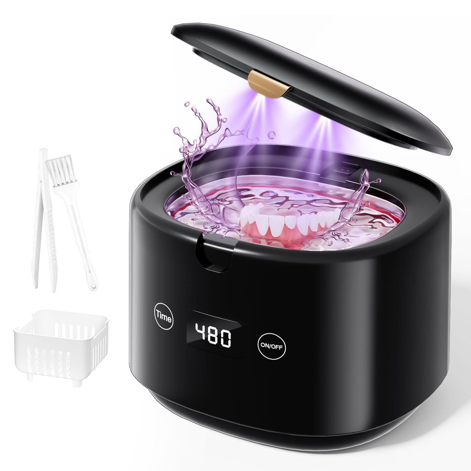 Ultrasonic Retainer Cleaner, 45kHz Sonic Retainer Cleaner Machine Dental Cleaning Pod for Dentures, Mouth Guards, Braces, Toothbrush Heads, Jewelry, 5 Modes for All Dental Appliances (Black)