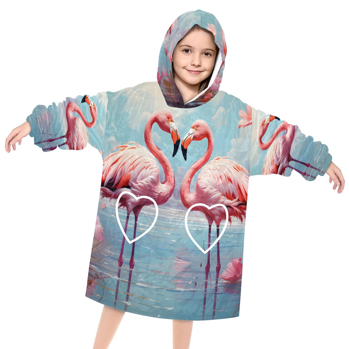 Wearable Blanket Hoodie for Kids, Lovely Flamingo Fleece Sweatshirt Blanket Oversized Blanket Sweatshirt with Pocket Flannel Warm Hooded Blanket 6-10 Year Old Girl Boy Gift, One Size