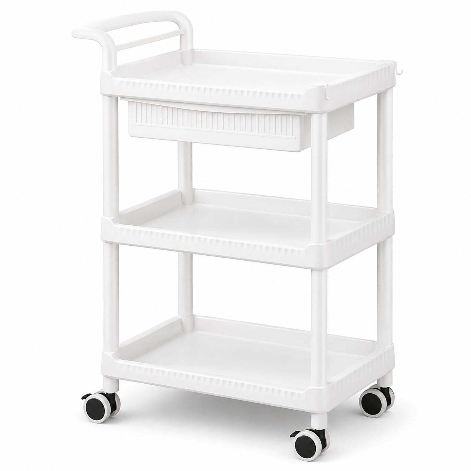 Carrito de peluquería blanca de 3 niveles con cajones para centro de estética y spa