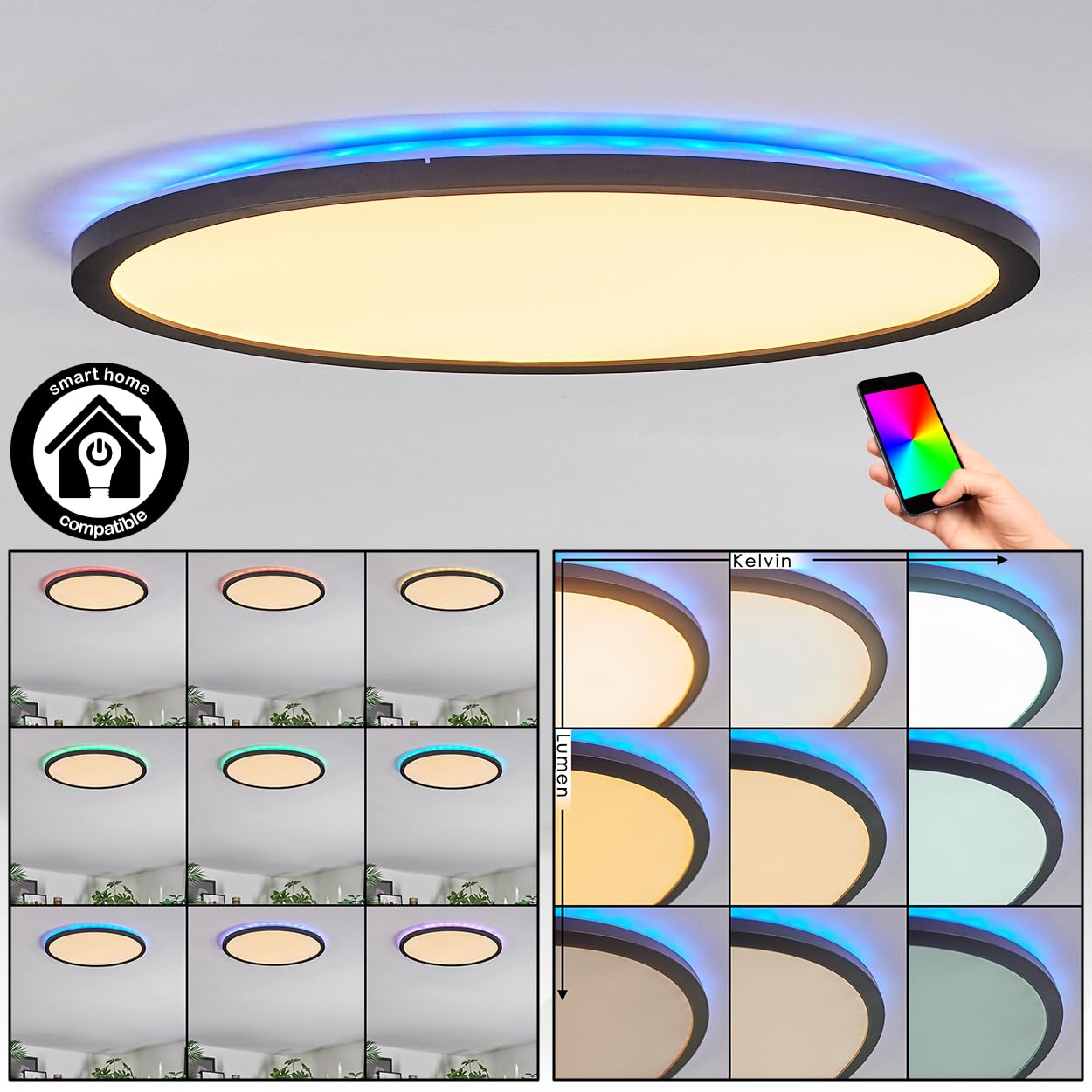 HOFSTEIN LED Deckenpanel Zuren, dimmbare Deckenleuchte aus Metall/Kunststoff in Schwarz/Weiß, RGB Farbwechsler, 24,5 W, 2200 L, 2700-6500 K, CCT, Smart Home/App, Wohnzimmer, Schlafzimmer, Küche