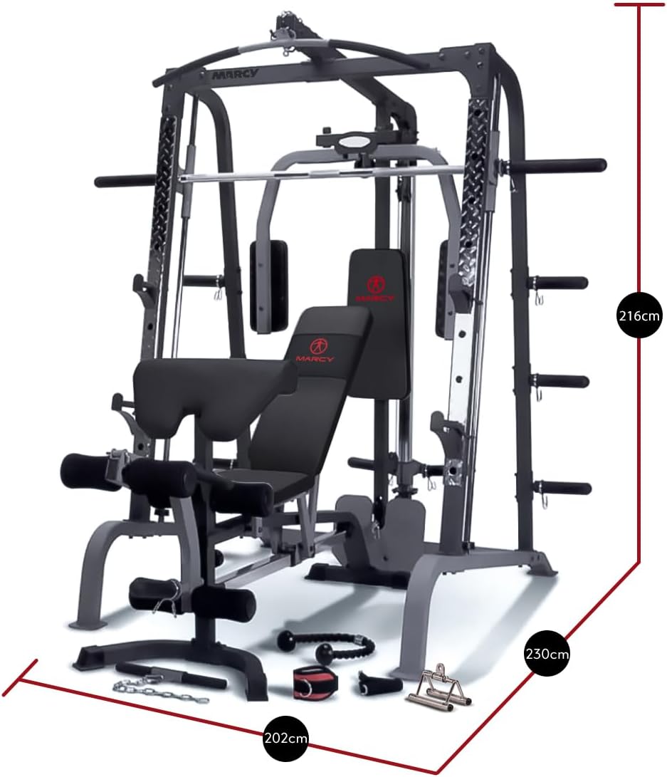 Diagram showing the dimensions of the Marcy SM4000 Deluxe Smith Machine: 210cm height, 198cm width, 254cm length.