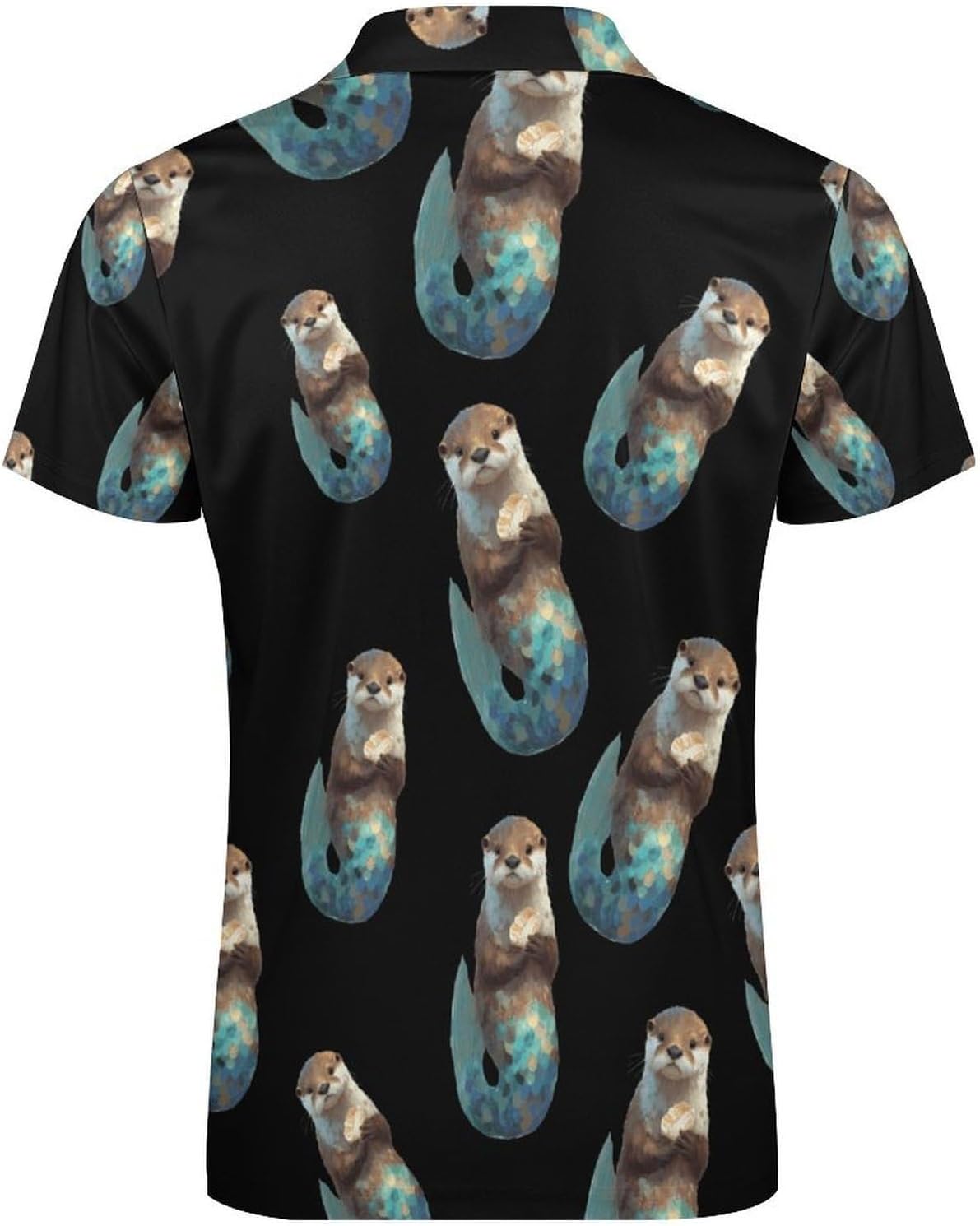 Otter Mermaid Polo Shirts for Men Short Sleeve Athletic Golf Tees Tops | Casual Summer Zippered V Neck Mens T-shirts Sports Quick Dry Tennis