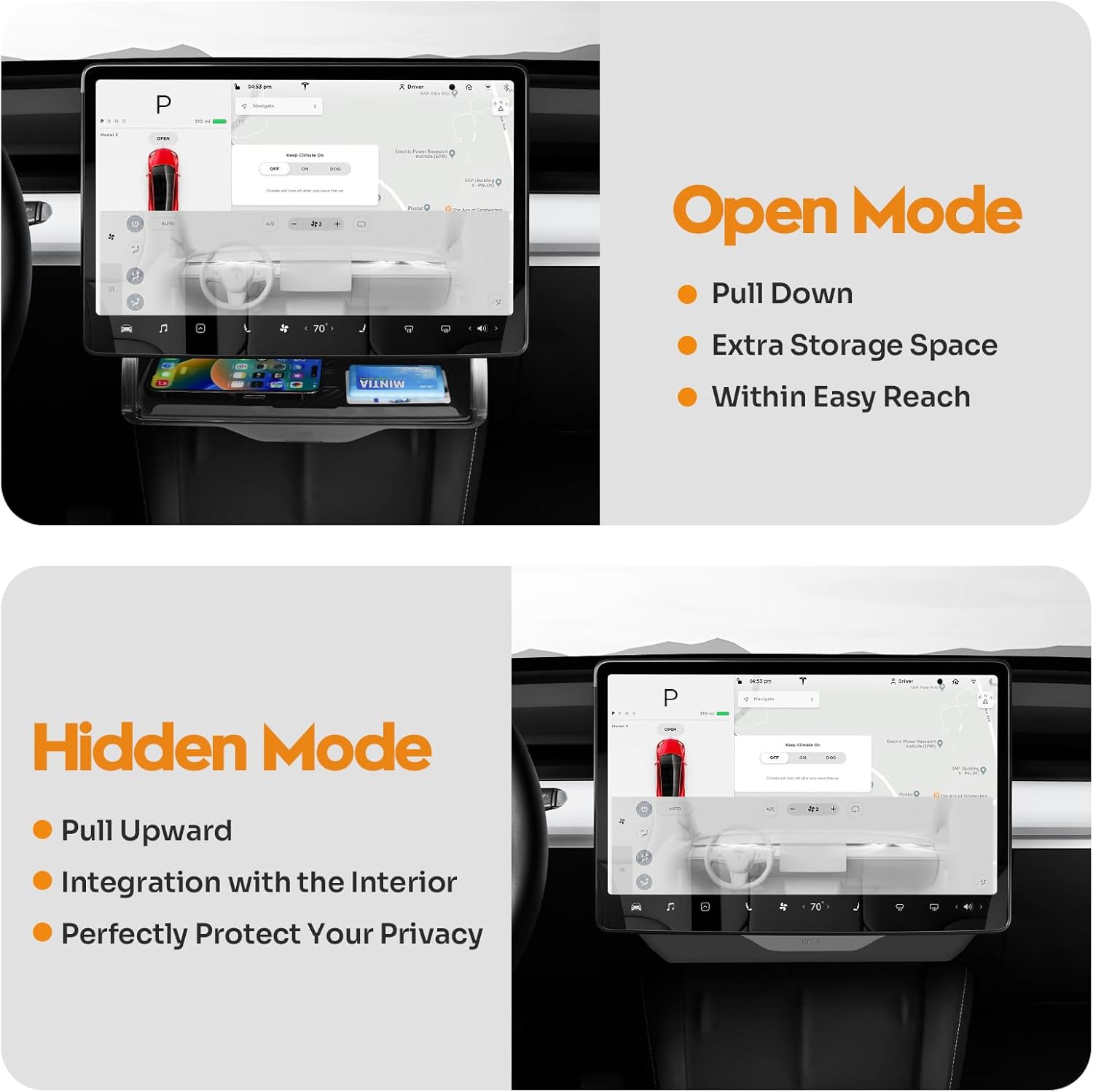Hidden Under Screen Storage Box for 2016-2026 Tesla Model Y/Model 3 Accessories,One‑click open & Silent Damping Slides Center Console Organizer (Fit New Model Y Juniper/Model 3 Highland)