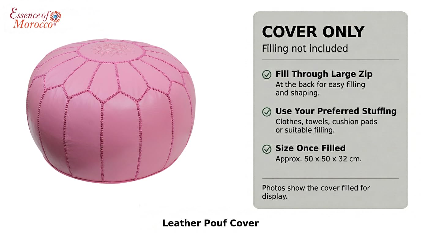 Pouf marocain repose-pieds ottoman en cuir véritable rose cousu à la main avec motif Marrakech brodé (housse uniquement)