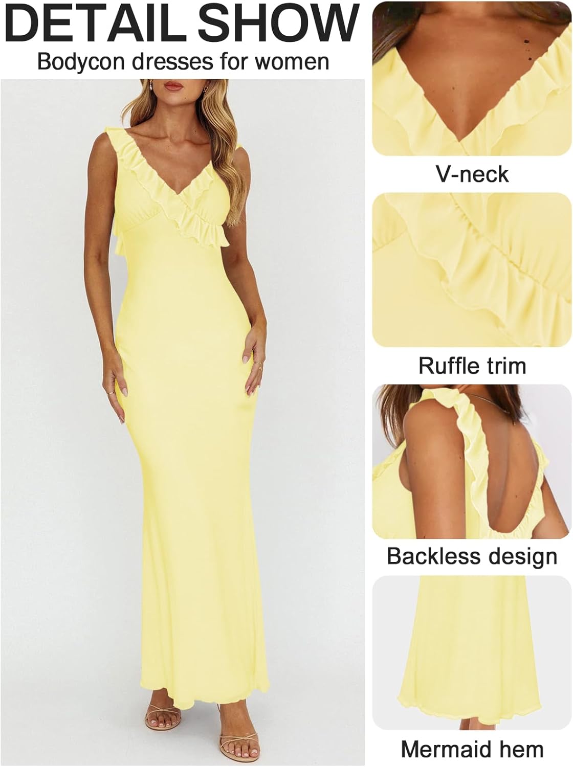 Women Sexy Sleeveless V-Neck Ruffle Backless Summer Dresses Long Formal Dress for Women Cocktail Party Prom Dress - Image 3