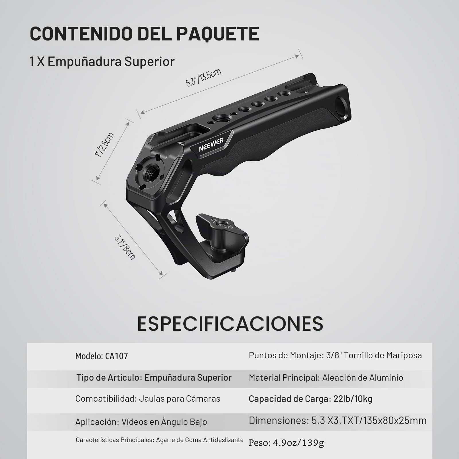 NEEWER Mango superior de cámara con tornillo de ala de 3/8 pulgadas y pasadores de localización para ARRI, agarre de silicona antideslizante con roscas de 1/4 y 3/8 pulgadas, zapatos fríos, compatible