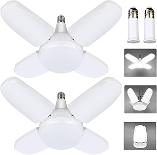 LED Garage Light, 2 Pack 80W LED Shop Lights with 4 Adjustable Panels, Screw in Garage Light Bulbs 6500K 8000LM Daylight Deformable Lighting Fixture for Basement, Warehouse, Workshop