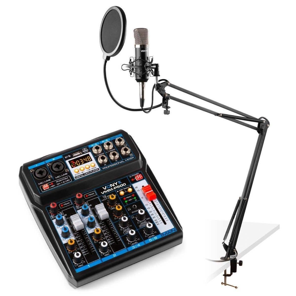Vonyx Podcast-Starterkit mit USB-Mischpult mit Bluetooth, CMS400 Studiomikrofon, verstellbarem Mikrofonarm und Shockmount.