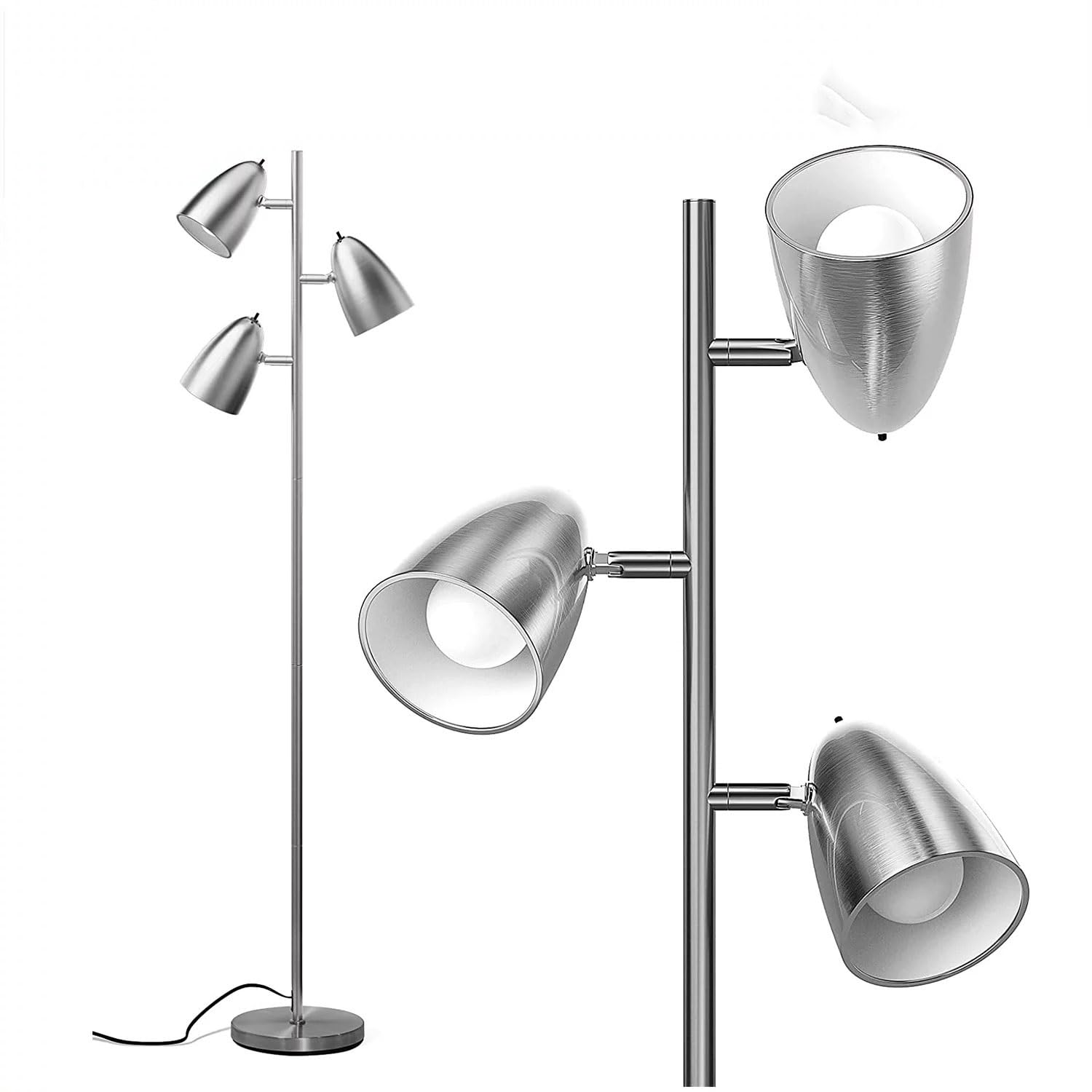 Floor Lamp with 3 Adjustable Rotating Lights and Matching LED Bulbs, Standing Tall Pole Lamps for Living Room, Bedroom, Home, Office (Color : Silver)