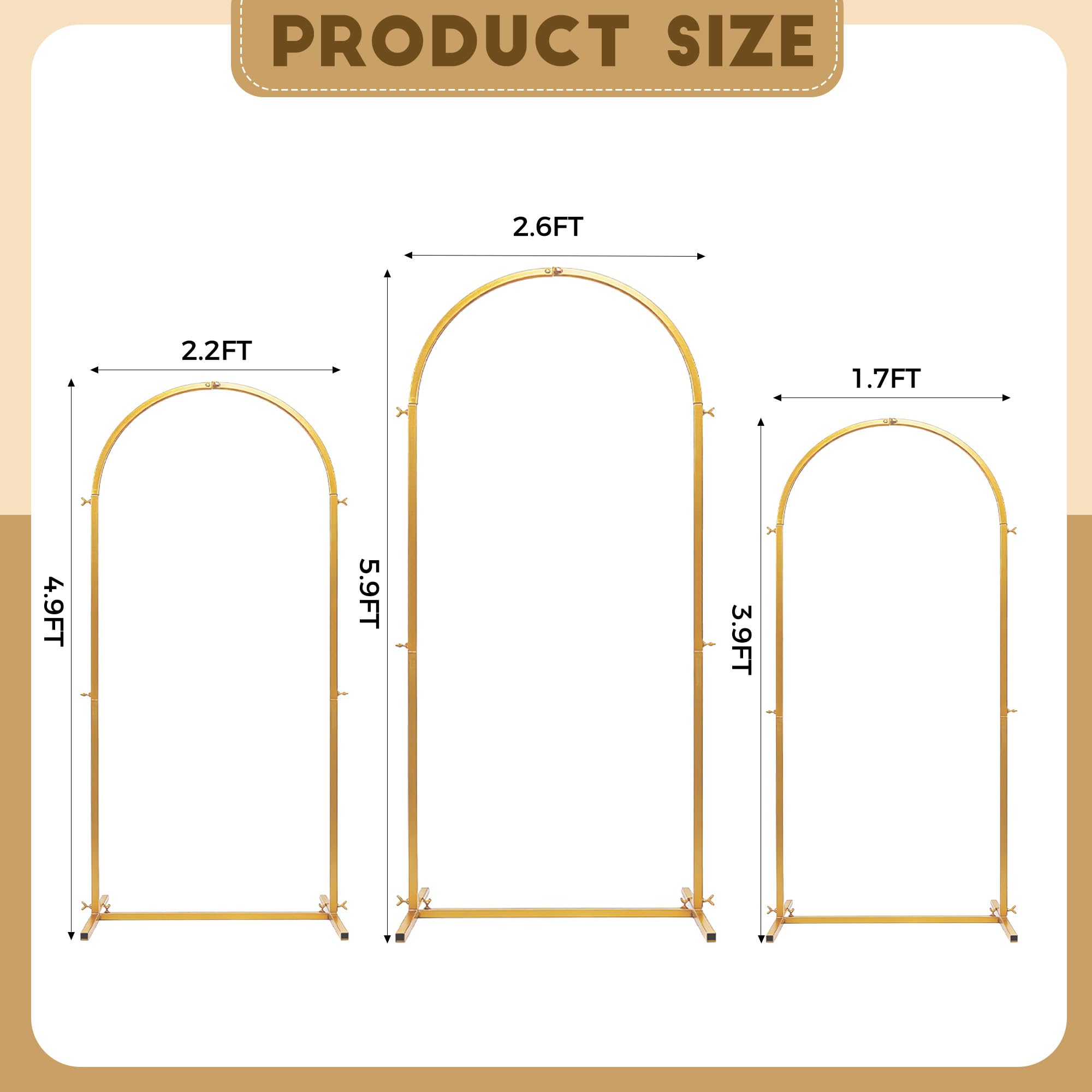 Lot de 3 Supports d'arche de Fond en Métal Doré, Arche de Ballon pour Mariage Fleurs et Photobooth pour Cérémonie, Anniversaires, Décorations Festives, Baby Shower, 1.8m/1.5m/1.2m