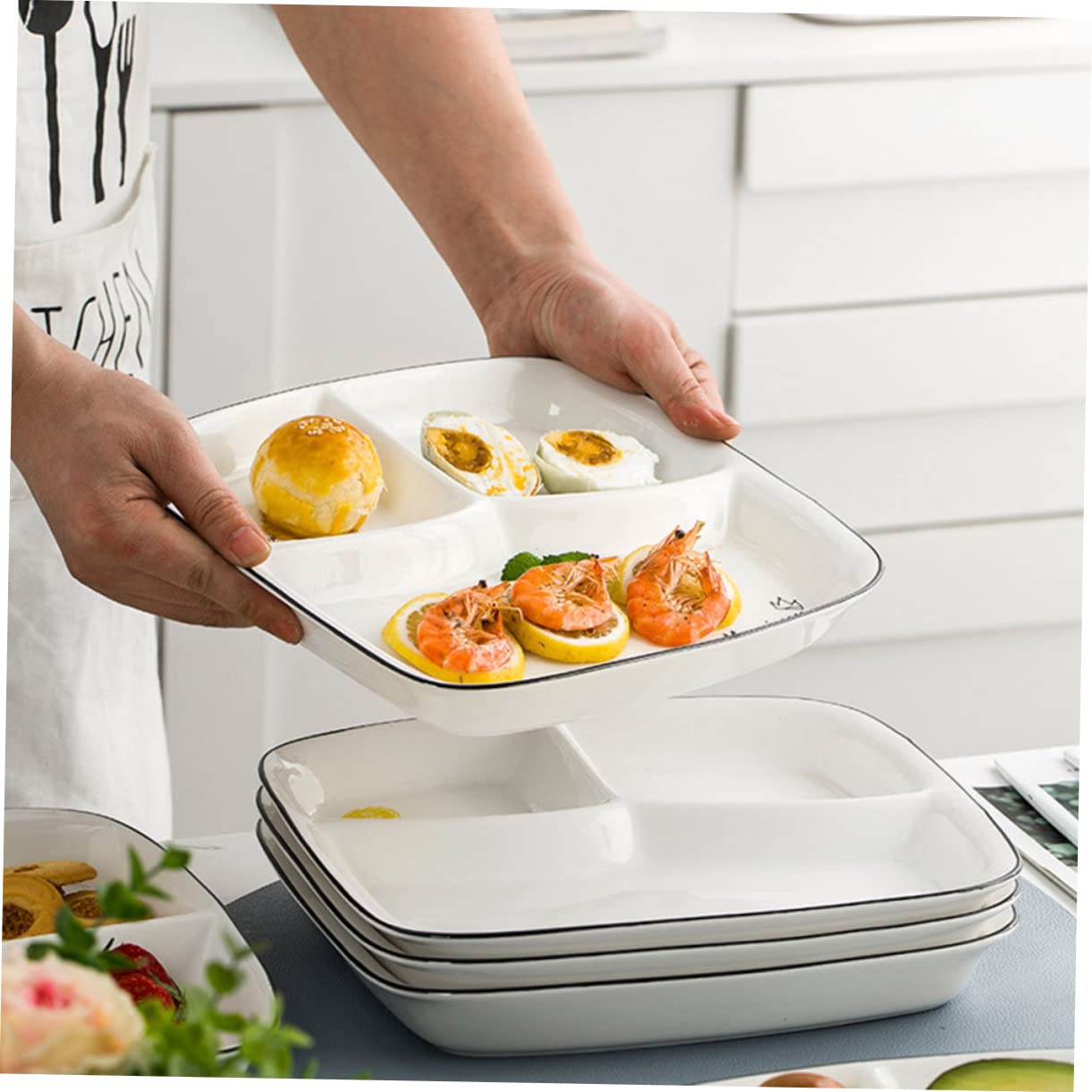 Cabilock 1Pc Ceramic Breakfast Plate Sectioned Tray for Adults White Multi Design for Home Restaurant and Present Use and Smooth Surface