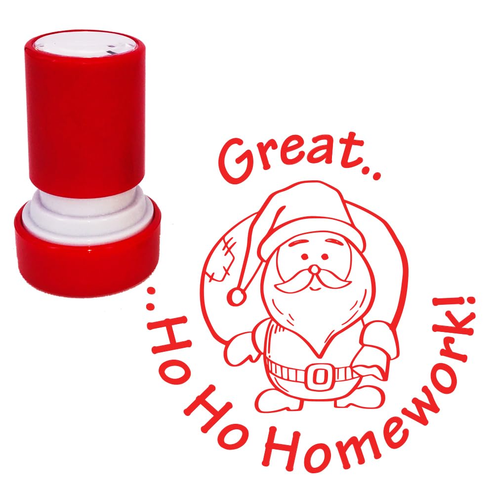 Great .. Ho Ho Homework! Christmas Fun Teacher Stamp for Festive Marking. 22mm, Reinkable, Red Ink *