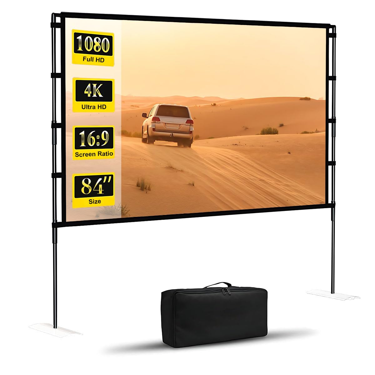 GluckluzProjector Screen with Stand 84 inch Projection Screen 16:9 4K HD Double Sided Wrinkle-Free Movies Screen with Carry Bag for Indoor Home Theater Outdoor Backyard Party Office Classroom Gaming