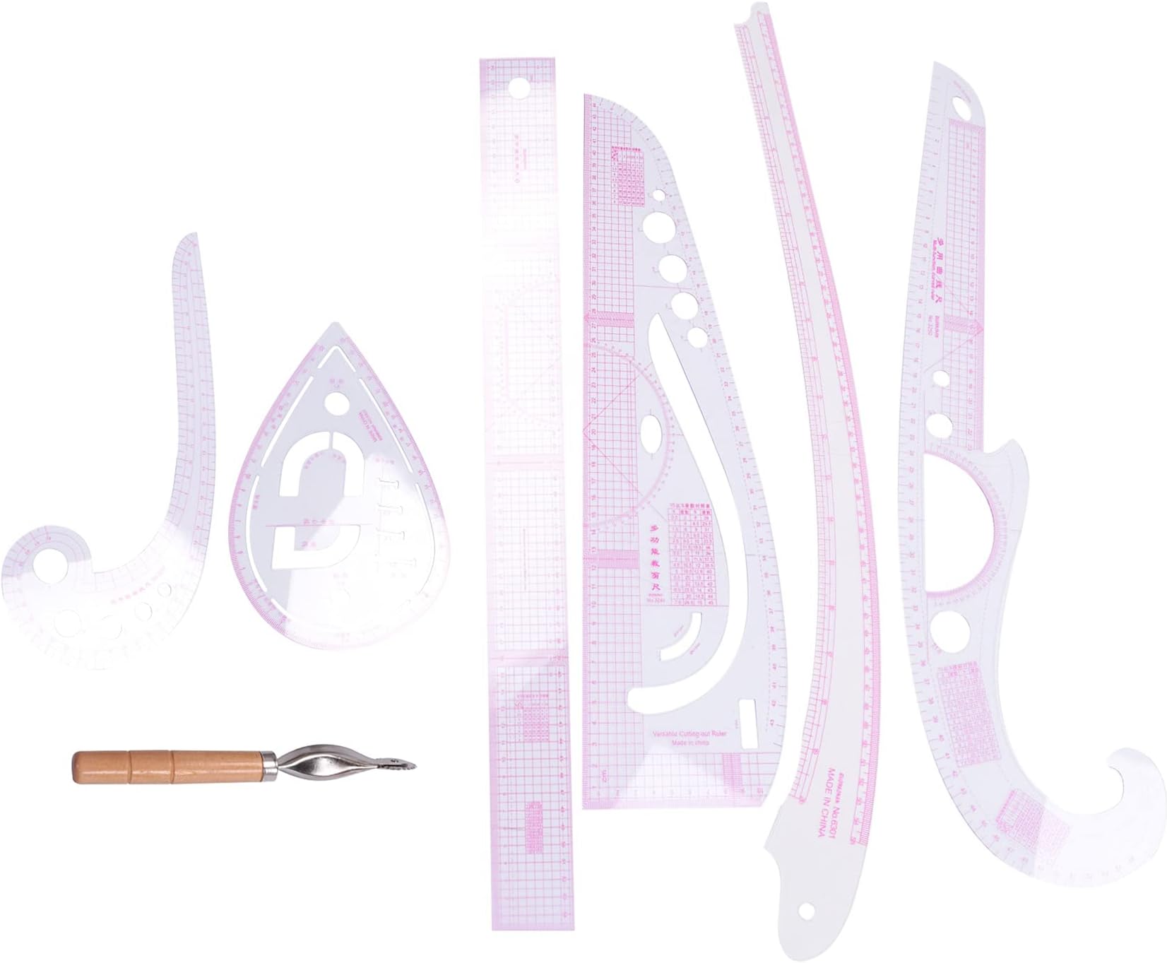 Graootoly 7Pcs/Set Ruler Tailor Measuring Kit Clear Sewing Drawing Ruler Yardstick Sleeve Arm French Set Cutting Ruler Paddle Wheel